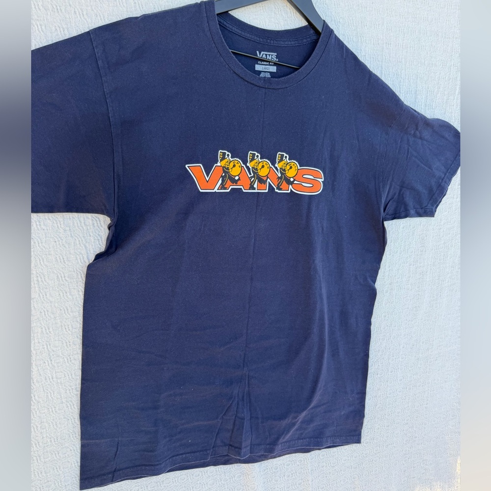 Vans Mens Navy Short Sleeve Tee with Orange Logo skeleton band Classic fit Sz L